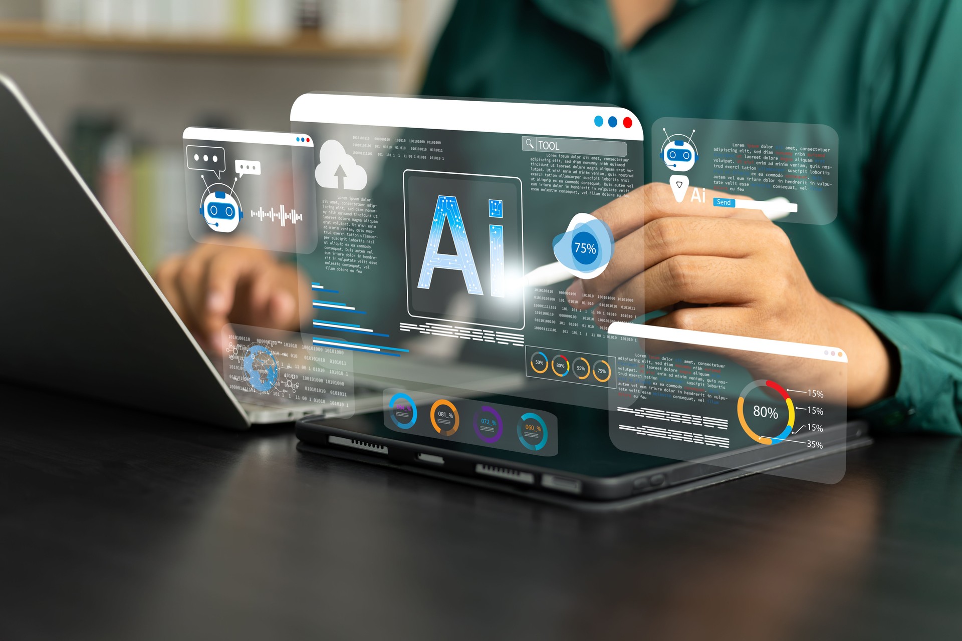 Businessman use artificial intelligence AI technology for enhanced work efficiency data analysis and efficient tools, Unlocking work potential with AI solutions chatbot help solve work problems.